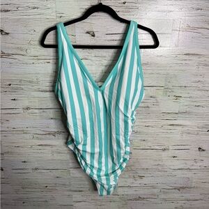 Kona sol Women’s turquoise and white striped one piece bathing suit 20W blue